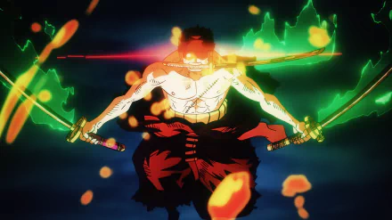 HD PC desktop wallpaper of Roronoa Zoro from One Piece, depicted in an intense battle stance with glowing swords and dynamic green and orange energy effects.