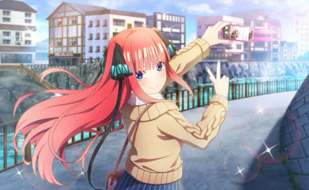 Nino Nakano from The Quintessential Quintuplets — anime 2K Quad HD PC desktop wallpaper: pink‑haired girl in a beige sweater taking a selfie and flashing a peace sign on a sunlit waterfront.