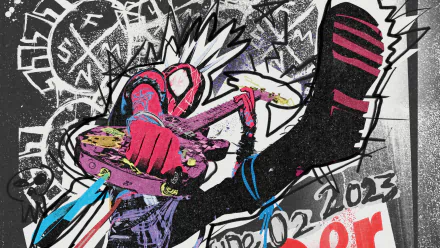HD desktop wallpaper featuring Spider-Punk from the movie Spider-Man: Across the Spider-Verse, showcasing his vibrant attire and dynamic pose with graffiti-style background art.