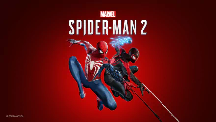 4K Ultra HD PC desktop wallpaper for the video game Marvel's Spider-Man 2 showing two Spider-Men mid-swing in dynamic poses against a bold red background.