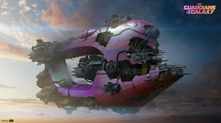A dynamic HD desktop wallpaper featuring a vibrant, futuristic spacecraft from Guardians of the Galaxy Vol. 3, set against a dramatic sky.