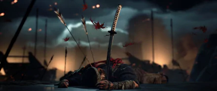 2K Quad HD PC desktop wallpaper: fallen samurai Jin Sakai from Ghost of Tsushima on a war-torn Japanese battlefield, katana planted upright, arrows and red maple leaves against smoky dusk.