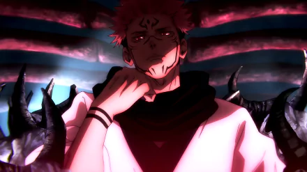 HD wallpaper featuring Sukuna from Jujutsu Kaisen in a shrine during a domain expansion, Idle Transfiguration. The anime character exudes a menacing aura against a dark, atmospheric background.