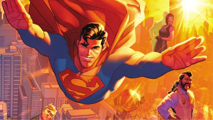 Comic Superman HD PC desktop wallpaper and background: Superman soars over a sunlit cityscape, cape billowing and S emblem glowing, with supporting characters against a warm, vibrant skyline.