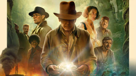 HD PC desktop wallpaper for Indiana Jones and the Dial of Destiny: fedora-clad adventurer holds a glowing dial, flanked by allies and rivals before jungle ruins and misty light.