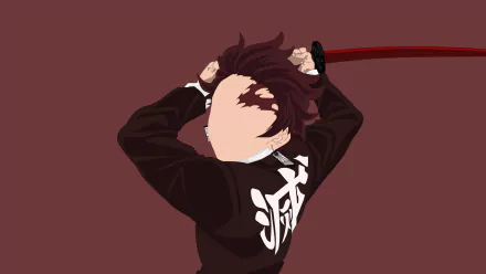 Minimalist 4K Ultra HD anime wallpaper featuring Tanjiro Kamado from Demon Slayer: Kimetsu no Yaiba with his sword, set against a solid maroon background.