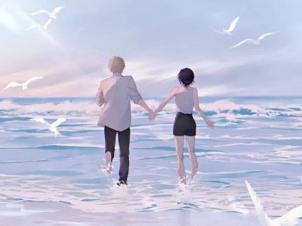 Reze and Denji from Chainsaw Man walk hand-in-hand along a serene beach with seagulls flying, captured in an HD anime-style desktop wallpaper.