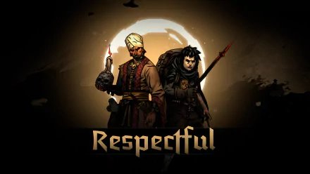 HD desktop wallpaper featuring two characters from Darkest Dungeon II, titled Respectful, set against a moody, shadowy background with a faint crimson hue.