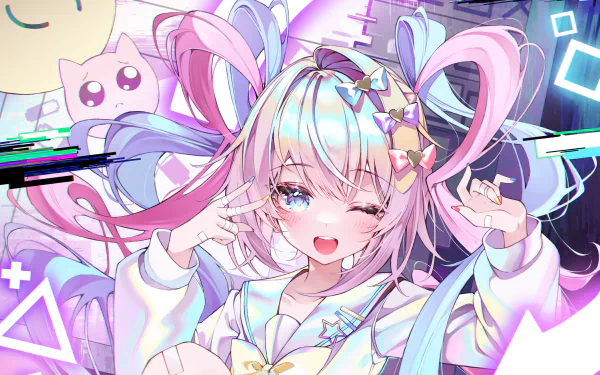 HD PC desktop wallpaper of OMGkawaiiAngel-chan from the video game NEEDY GIRL OVERDOSE: winking pastel-haired anime girl with twin-tails, neon glitch accents and a cat plush.