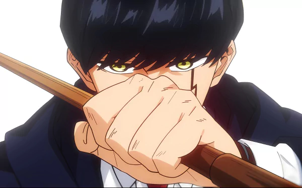 Mash Burnedead from Mashle: Magic and Muscles grips a wooden staff, captured in an intense close-up anime style, 8K Ultra HD PC desktop wallpaper and background.