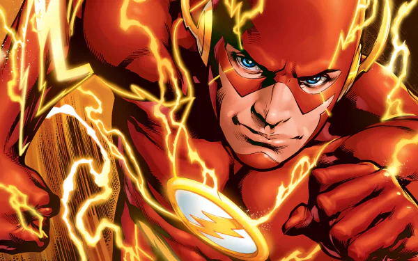 HD PC desktop wallpaper/background: comic depiction of The Flash bursting toward the viewer, yellow lightning arcing around his red suit and fierce, focused expression.