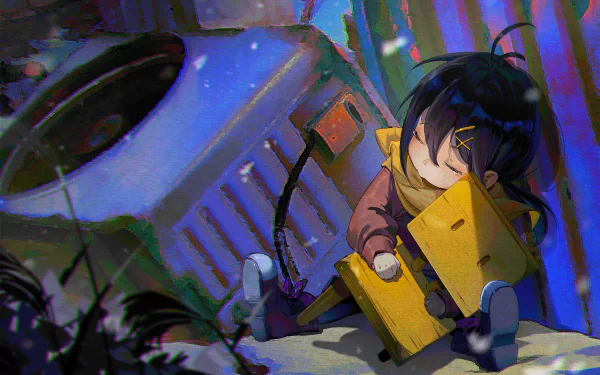 Anime-style 4K Ultra HD wallpaper featuring Suzume Iwato from Suzume no Tojimari, showing her resting peacefully beside a small yellow robot in a vibrant, detailed scene.