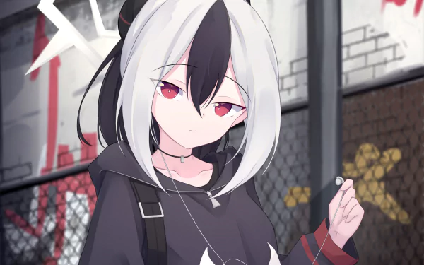 Onikata Kayoko from the video game Blue Archive — 2K Quad HD PC wallpaper: black-and-white haired girl in a hoodie with red eyes, holding a charm against a graffiti-covered urban fence backdrop.