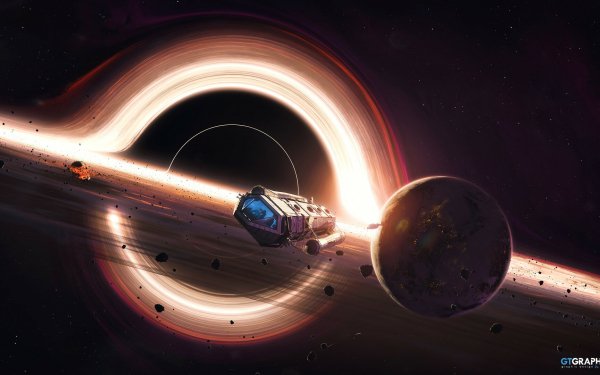 HD wallpaper of a black hole with a spaceship and planets, perfect for desktop background.