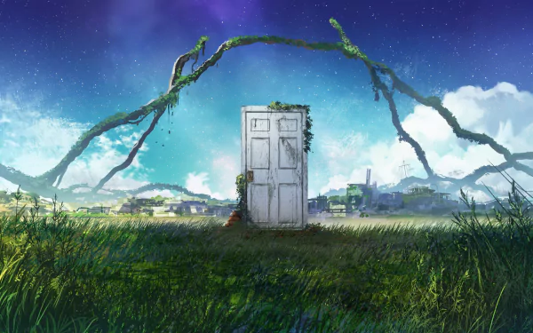 A captivating 4K Ultra HD background from the anime Suzume no Tojimari, featuring a mysterious door surrounded by lush grass and a vibrant sky.