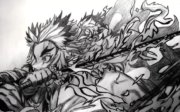 Kyojuro Rengoku from Demon Slayer: Kimetsu no Yaiba is depicted in this striking black-and-white 4K Ultra HD anime wallpaper, showcasing dynamic action and flame motifs.