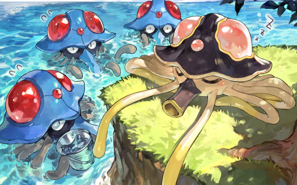 HD PC desktop wallpaper featuring Toedscruel and Tentacruel from the video game Pokémon: Scarlet and Violet in a vibrant aquatic scene.