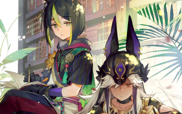 HD PC desktop wallpaper of Cyno and Tighnari from the video game Genshin Impact, seated in a sunlit interior with tropical plants, intricate outfits, and warm, detailed lighting.