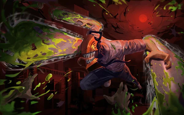HD desktop wallpaper of Denji from Chainsaw Man in action. The background features intense, vivid scenes of combat, with Denji using his chainsaw powers, vibrant green effects, and a dark red atmospheric sky.
