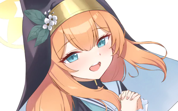 Iochi Mari from the video game Blue Archive with bright blue eyes and a cheerful expression, featured in a 4K Ultra HD PC desktop wallpaper.