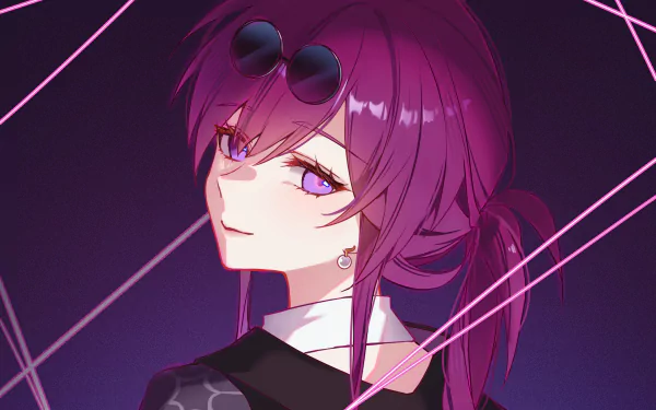 HD desktop wallpaper featuring Kafka from the video game Honkai: Star Rail, showcasing her with purple hair and sunglasses against a dark, neon-lit background.