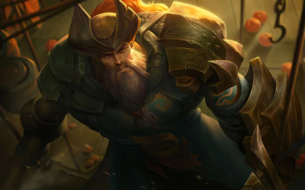 Gangplank, a fearsome pirate character from League of Legends, portrayed in a high-definition desktop wallpaper.