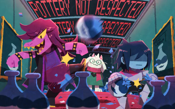 Ralsei, Susie, and Kris from Deltarune engage in a potion-making scene, set against a vibrant 4K Ultra HD video game wallpaper background.