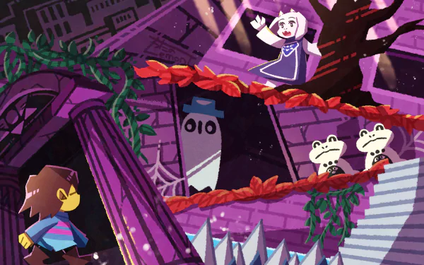4K Ultra HD Undertale PC wallpaper featuring characters Toriel, Napstablook, and Frisk in a vibrant, detailed video game scene.