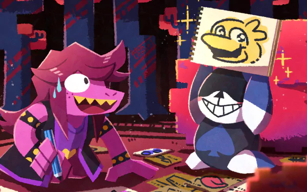 Lancer and Susie from Deltarune share a playful moment in this vibrant 4K Ultra HD video game desktop wallpaper.
