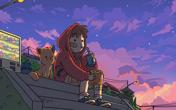 Artistic HD desktop wallpaper featuring a boy in a red hoodie enjoying a drink on steps with a cat beside him, set against a colorful twilight sky.