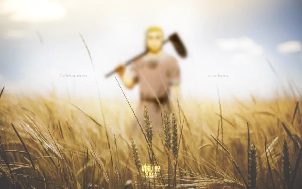 HD desktop wallpaper of Thorfinn (Vinland Saga) in a wheat field with a blue sky background, displaying the anime's serene yet intense atmosphere. Text on the image reads, You have no enemies. No one has any.