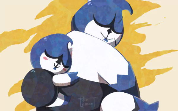 HD PC wallpaper featuring King and Lancer from the video game Deltarune in a warm, stylized embrace with a yellow background.