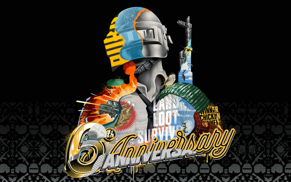 HD desktop wallpaper celebrating PlayerUnknown's Battlegrounds 5th Anniversary with vibrant graphics featuring a helmet, gun, and thematic elements.