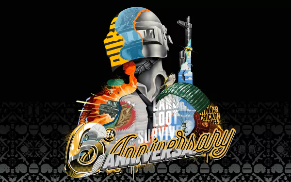 HD desktop wallpaper featuring a graphic for Playerunknown's Battlegrounds 6th Anniversary, with a stylized helmet, gun, and elements symbolizing game icons.