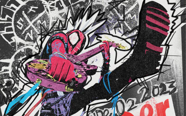 HD desktop wallpaper featuring Spider-Punk from the movie Spider-Man: Across the Spider-Verse, showcasing his vibrant attire and dynamic pose with graffiti-style background art.