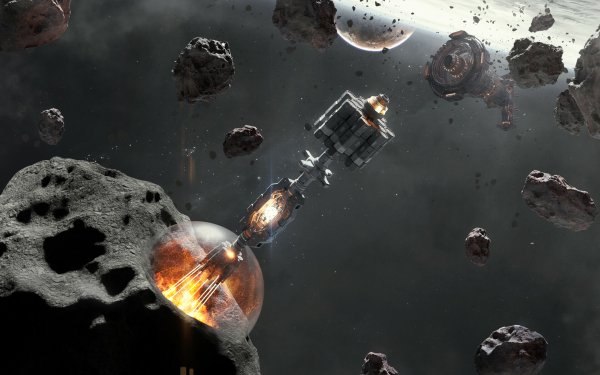 HD wallpaper of a futuristic asteroid mining operation in space with a spacecraft amidst rocky debris