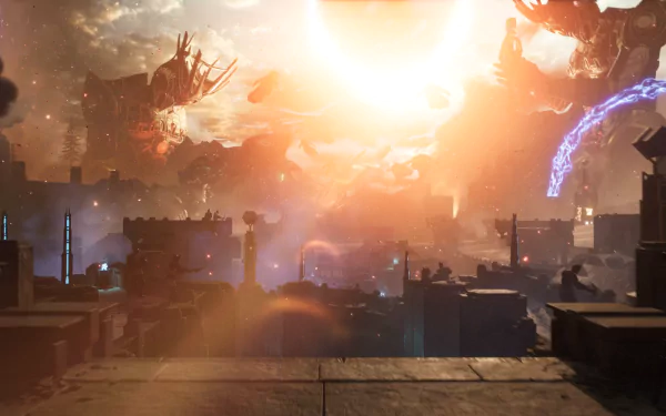 A stunning HD wallpaper from the video game Immortals of Aveum, featuring a dramatic landscape bathed in cosmic light and epic battle scenes in the background.