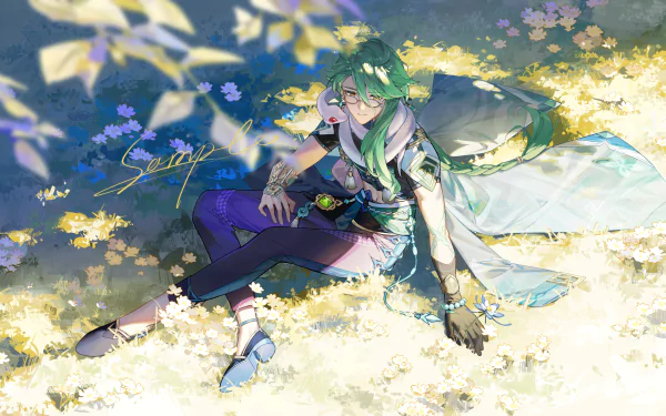 Baizhu from Genshin Impact is depicted in a vibrant 4K Ultra HD video game wallpaper, surrounded by glowing flowers and soft sunlight.