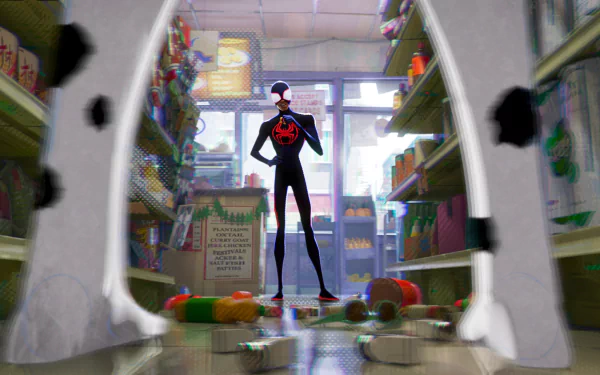 A vibrant HD wallpaper from Spider-Man: Across the Spider-Verse, featuring Spider-Man standing confidently in a colorful, cluttered store aisle.