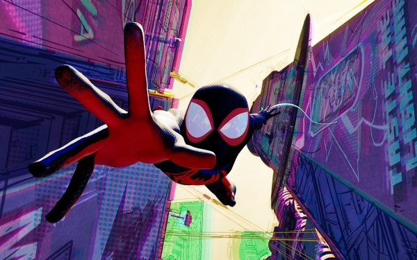 Animated Spider-Man swinging between colorful buildings in a scene from Spider-Man: Across The Spider-Verse for a vibrant HD desktop wallpaper.