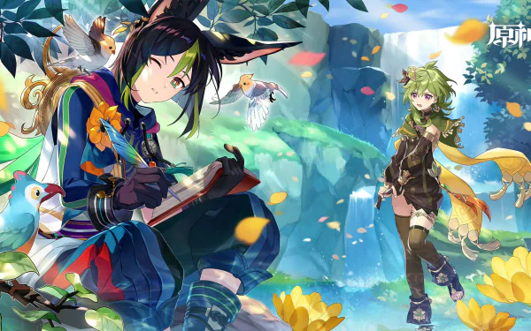 HD desktop wallpaper featuring Collei and Tighnari from the video game Genshin Impact in a vibrant, nature-filled scene with autumn leaves and birds.