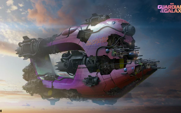 A dynamic HD desktop wallpaper featuring a vibrant, futuristic spacecraft from Guardians of the Galaxy Vol. 3, set against a dramatic sky.