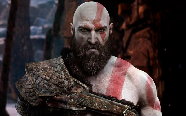 Kratos and Atreus in an intense moment amidst a mythical landscape in God of War (2018) desktop wallpaper.