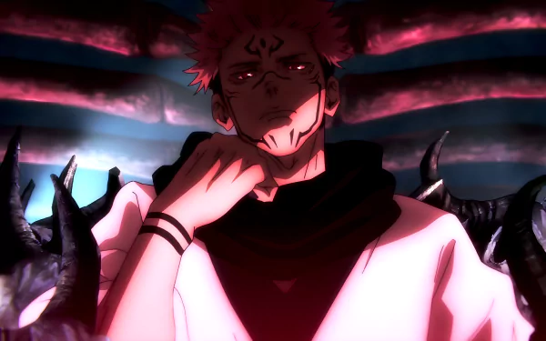 HD wallpaper featuring Sukuna from Jujutsu Kaisen in a shrine during a domain expansion, Idle Transfiguration. The anime character exudes a menacing aura against a dark, atmospheric background.