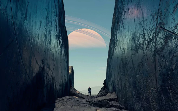 4K Ultra HD Starfield video game wallpaper showing a lone figure standing between towering rock walls, with a large ringed planet visible in the sci-fi landscape sky.