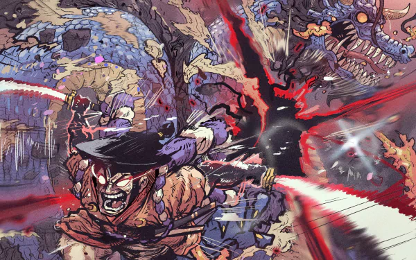 HD anime desktop wallpaper featuring Kaido and Kozuki Oden from One Piece in an intense battle scene with dynamic energy and dramatic lighting.