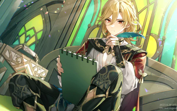 HD PC desktop wallpaper of Kaveh from the video game Genshin Impact, seated by a sunlit stained-glass window, holding a green sketchbook and pencil, wearing ornate robes and a teal scarf.
