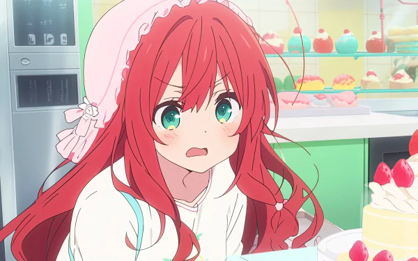 HD desktop wallpaper featuring an anime girl with red hair, green eyes, and a pink headband, standing in a brightly lit patisserie with various cakes and pastries in the background.