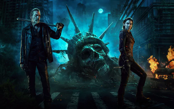 4K Ultra HD desktop wallpaper featuring characters from the TV show The Walking Dead: Dead City standing before a shattered Statue of Liberty head amidst a dark, fiery urban scene.