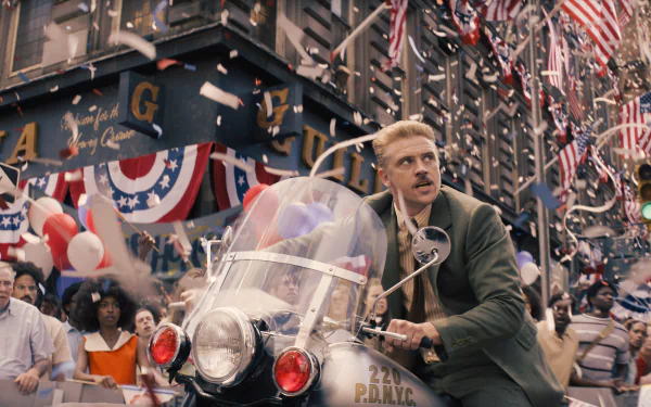 HD desktop wallpaper from Indiana Jones and the Dial of Destiny featuring a scene with a character in a parade, surrounded by American flags and confetti.